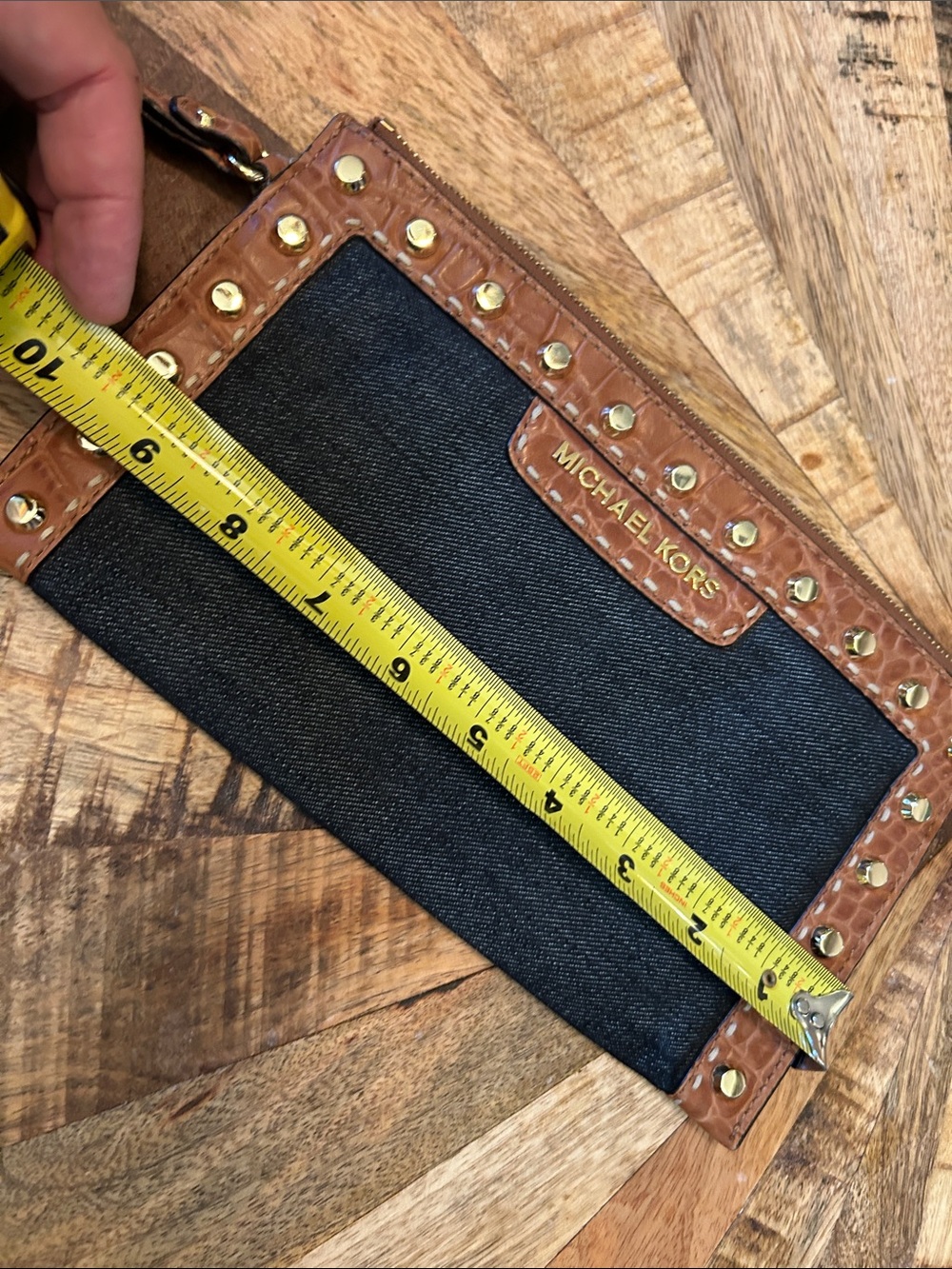 Michael Kors Black Denim and Brown Leather Studded Wristlet - Picture 6 of 8
